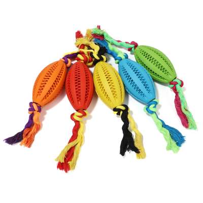 Wholesale oral cleaning bite resistant rubber pet dog training toys indestructible olive dog chew ball with Cotton Rope